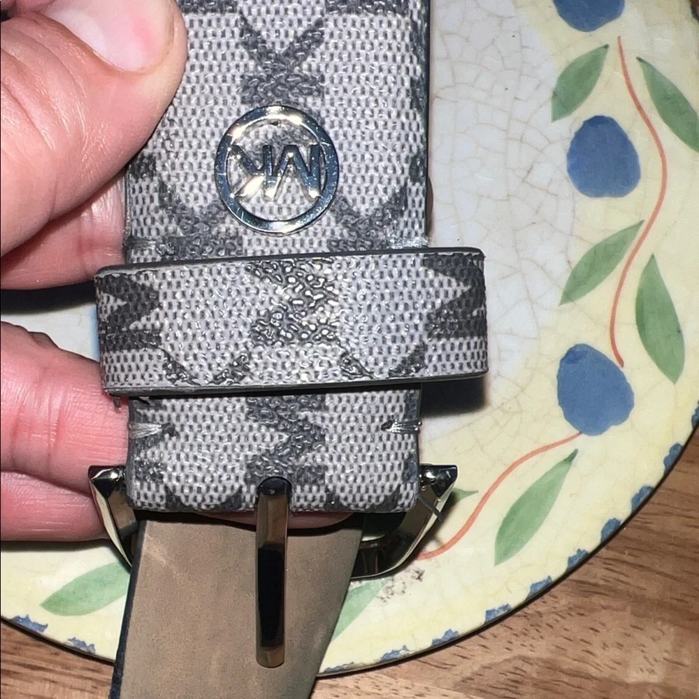 Michael Kors Gray MK Logo Canvas Belt with Silver Buckle